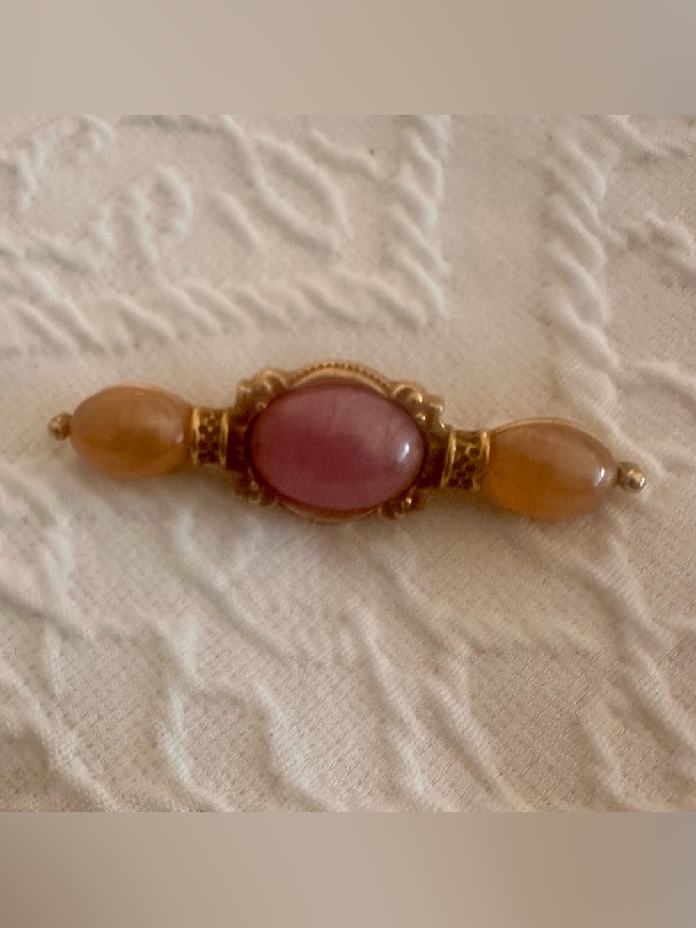 Vintage Victorian Revival Pink Amber Cabochon Bar Brooch Gold Tone